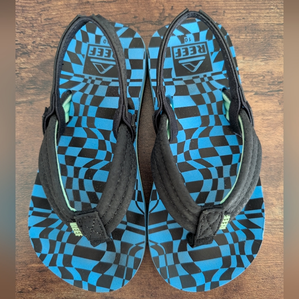 REEF Toddler Sands Black and Blue Patterned Flip Flops with Heel Strap Size 10